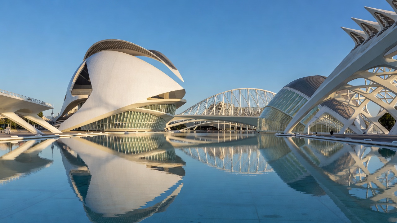 City of Arts and Sciences in Valencia Spain with modern white structures and reflection pool