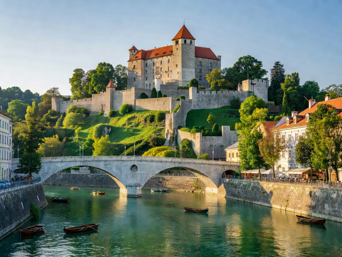Ljubljana Castle perched over the green river and Triple Bridge