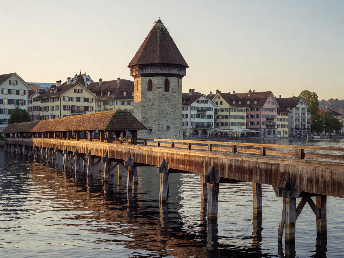 Lucerne Old Town wooden Chapel Bridge over Lake Lucerne