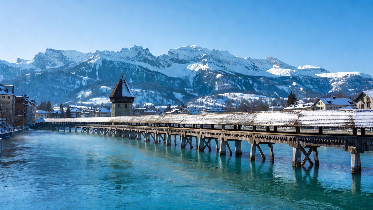 Panorama of Chapel Bridge in Lucerne with turquoise water and snowcapped Swiss Alps