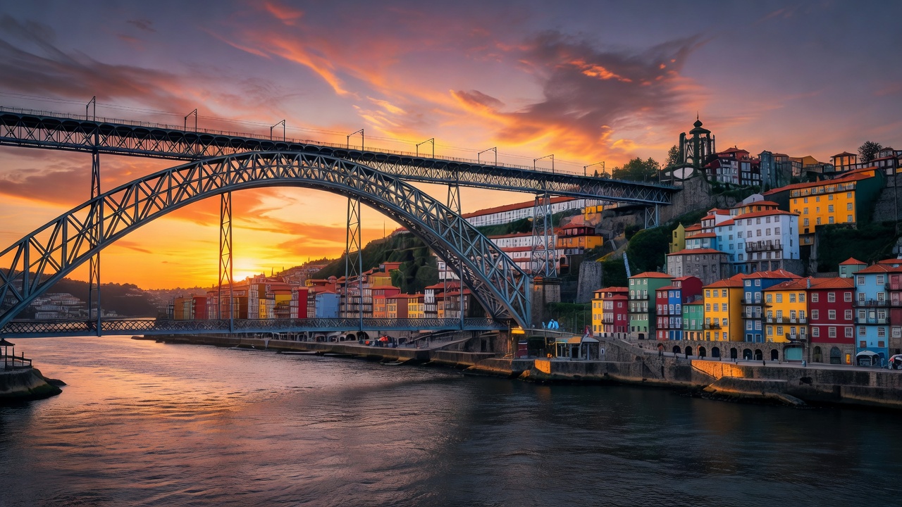 Porto Douro river sunset with the iron Dom Luis I Bridge and colorful Ribeira houses