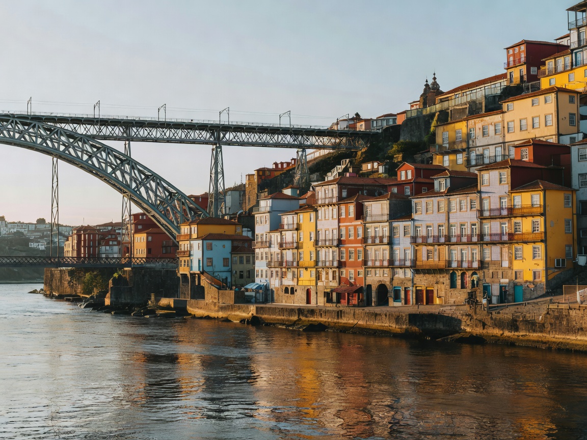 Porto Douro riverfront colorful buildings and Dom Luis I Bridge