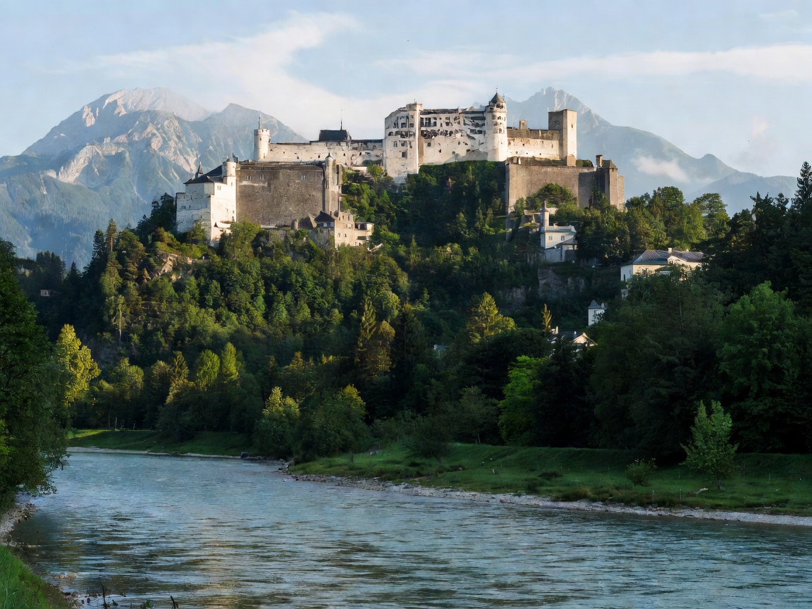 Salzburg Fortress and Salzach river against mountain backdrop
