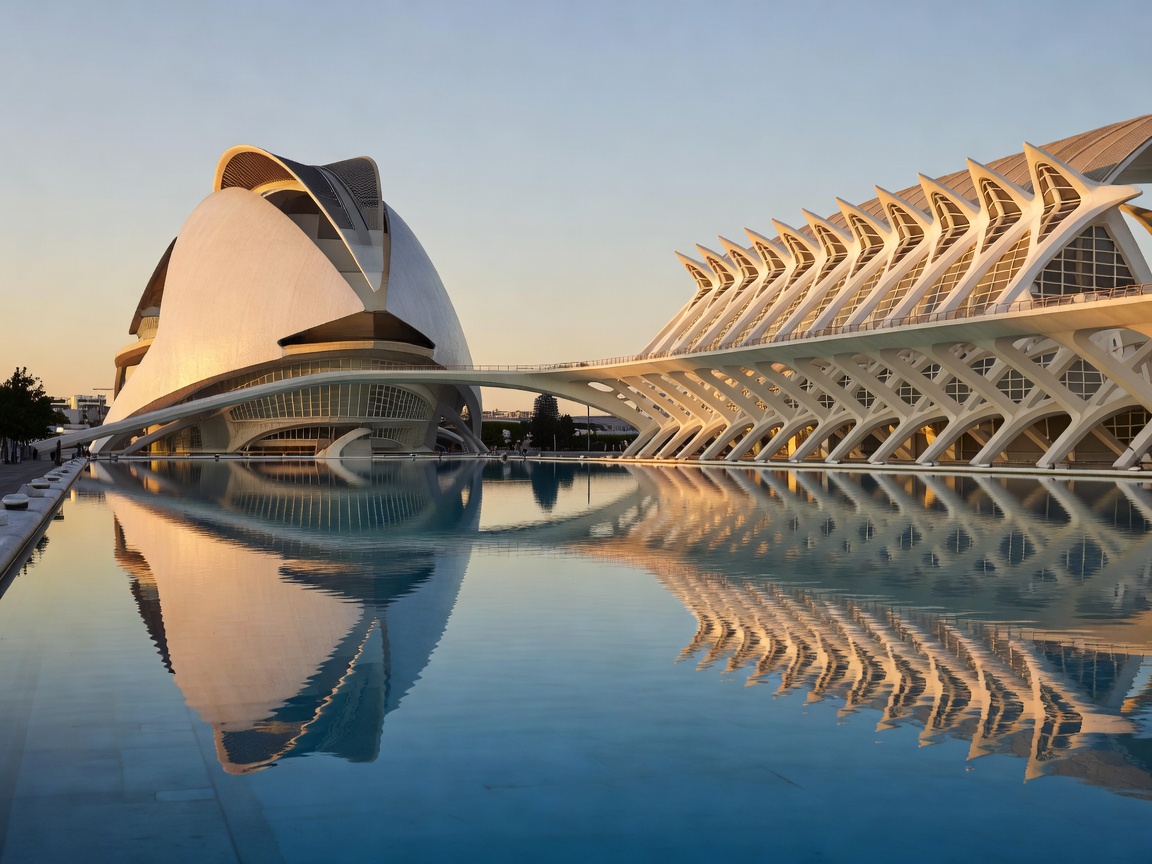Valencia City of Arts and Sciences futuristic architecture reflected in blue water